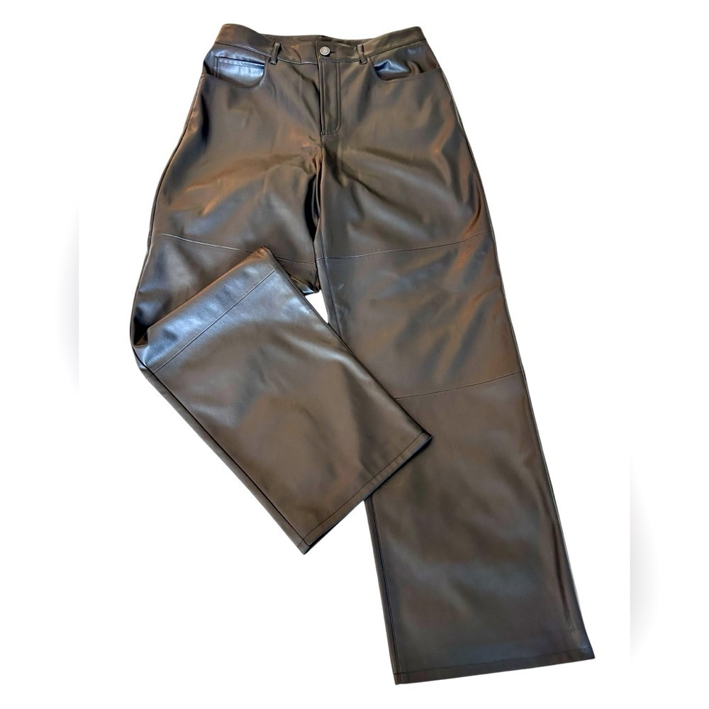 Vegan leather black pants, L-XL, high-waisted, wide legs, Grunge Streetwear
